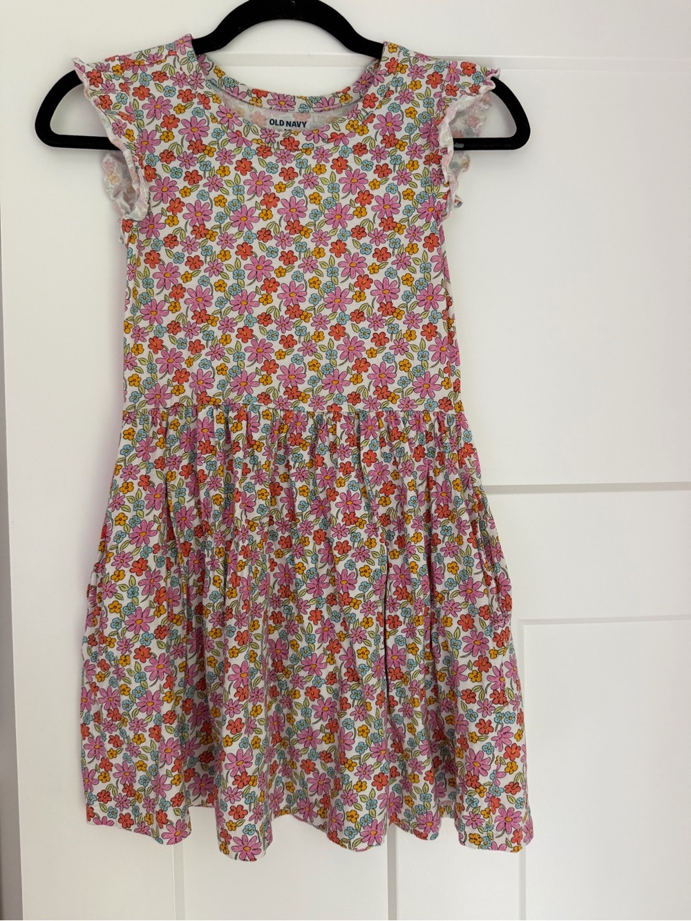 Floral Flutter-Sleeve Dress in White with Pink, Orange & Yellow Flowers